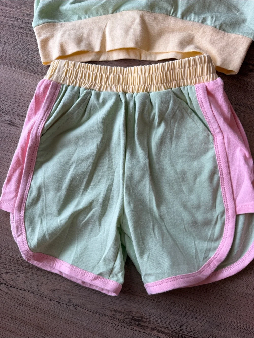 Pastel Green Short Set with Pink & Yellow Trim